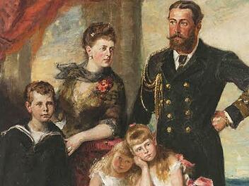James Jebusa Shannon (1865 - 1923): Alfred, Herzog von Edinburgh, und Herzogin Marie Alexandrowna mit ihren Kindern, um 1884, Öl auf Leinwand, 61 x 48 cm.  Foto: Kunstsammlungen der Veste Coburg