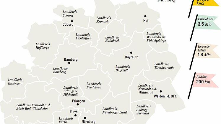 Die Metropolregion Nürnberg (es fehlen in der Ansicht die südlichen Landkreise Neumarkt/Oberpfalz, Roth, Weissenburg-Gunzenhausen und Ansbach).