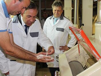 Bedarfsgerechte Mehlmischungen werden in der Litz-Mühle hergestellt. Michael Litz (links) führte Landrat Alexander Tritthart (Mitte) in die Produktionsvorgänge ein. Rechts im Bild Gremsdorfs Bürgermeister Norbert Walter  Foto: Evi Seeger