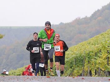 Kletter-Künste waren beim Weinberg-Lauf des SV Ramsthal vor allem zu Beginn gefragt. Auf unserem Bild nehmen (von links) Olaf Ulbrich, Roland Döll und Holger Bahß die Herausforderung an. Fotos: ssp