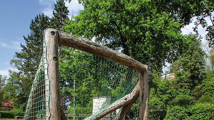 Ein kleiner Fußballplatz mit einem rustikalen Holz-Tor und einem bunten Ball auf einer Wiese. Ideal für kinderfreundliche Freizeitaktivitäten.