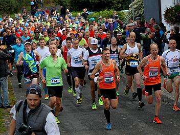 Groß war das Feld der Sportler, die den Halbmarathon über den Zabelstein in Angriff nahmen. Bereits beim Start läuft der spätere Sieger Sven Starklauf (Nummer 184) ganz vorne mit.