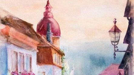 Das Aquarell zeigt einen Blick auf die Bahnhofstraße in Lichtenfels