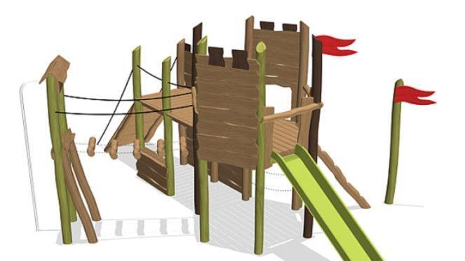 Solche Kletter- und Spielgeräte des Herstellers Eibe wie diese Burg-Rutsche passen zum Mittelalter-Thema. Foto: Spielgeräte Eibe