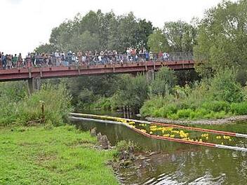 Zahlreiche Zuschauer verfolgen von der alten Rodachbrücke aus das Entenrennen mit.  Foto: Thomas Micheel
