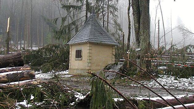 Viele St&uuml;rme wie "Kyrill" im Jahr 2007 sind schon &uuml;ber den Kirchb&uuml;hl hinweggefegt und haben die kleine Waldkapelle wie durch ein Wunder verschont. Die ehemalige Dorfstatt zwischen Radspitze und Markgrafenh&ouml;he ist heute willkommenes Refugium f&uuml;r Wanderer. Foto: Alexander Grahl