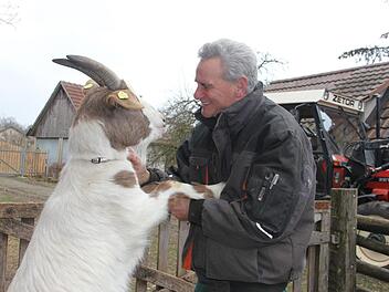 Oswald Marr fühlt sich wohl auf seinem Bauernhof in Schmölz. Gerne verbringt er Zeit mit seiner Lieblingsziege "Picasso".  Foto: Veronika Schadeck