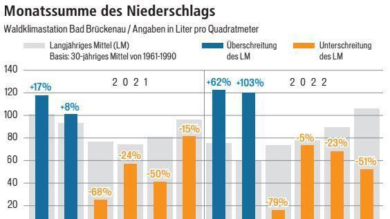 Deutlich andere Niederschläge 2021 /22 als im langjährigen Mittel am Beispiel der Waldklimastation Bad Brückenau. Grafik: Dagmar Klumb / Quelle: Landesanstalt für Wald und Forstwirtschaft, Freising / Stand: 5.7.2022