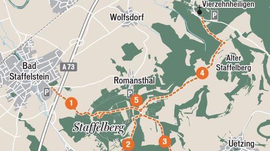 Die fünf empfehlenswerten Wege auf den Staffelberg in skizzierter Form