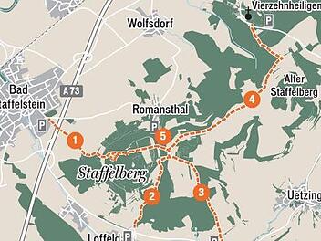 Die fünf empfehlenswerten Wege auf den Staffelberg in skizzierter Form