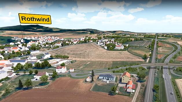 Diese Visualisierung des Staatlichen Bauamts Bayreuth zeigt einen Teil  der geplanten Umgehung und eine der vorgesehenen Br&uuml;cken (rechts im Bild) bei Rothwind/Fassoldshof. In die Animation sind noch nicht alle landschaftspflegerischen Details vollumf&auml;nglich eingepflegt. Die Visualisierung in Form eines kurzen Films ist &uuml;ber die Homepage des Bauamts abrufbar, aber nicht offiziell Teil des Planfeststellungsverfahrens. Quelle: Staatliches Bauamt Bayreuth