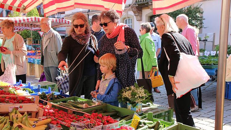 Gertrud Murr-Honikel (links) und Eva Rogler sowie der kleine Niko begutachten das Angebot.Foto: Katrin Geyer