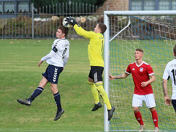 Sicherer R&uuml;ckhalt: DJK-Torwart Sascha D&ouml;rfler packt zu, w&auml;hrend sich der Westheimer Fabian Martin (links) vergeblich streckt.  Foto: Ralf Naumann