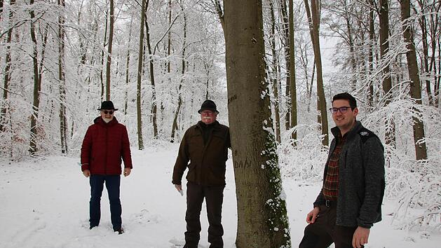 Der Sulzthaler B&uuml;rgermeister August Weingart (von links) bespricht sich mitten im Sulzthaler Wald mit Betriebsleiter Wolfram Zeller und Jakob Hahn von der Forstbetriebsgemeinschaft Rh&ouml;n-Saale.
