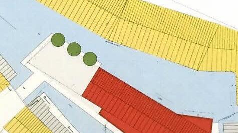 Der Grundriss zeigt die Lage des geplanten Baus eines Welterbe-Zentrums (rot gezeichnet) an der ehemaligen Sterzersmühle. Die Ruine soll integriert werden.  Repro: Groscurth/Quelle: Architekturbüro Rosenberg