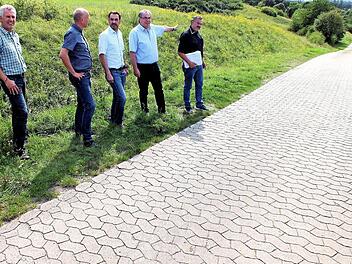 Der Sander Bürgermeister Bernhard Ruß (2.von rechts) zeigt (weiter von links) Wasserwart Wolfgang Thein, seinen Amtskollegen Stefan Paulus und Holger Baunacher sowie Planungs-Ing. Günter Englert, wo die Hauptwasserleitung entlang des Stückäckerweges an Sand vorbei bis zum Übergabeschacht in der Talsenke vorbei geführt werden kann. Foto: Alfons Beuerlein