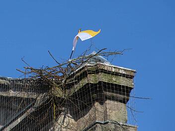 Eine Fahne soll den Storch am Weiterbau auf der Kirchenfassade hindern. Foto: Andreas Dorsch