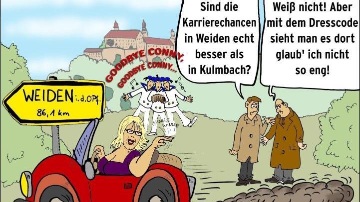 Die ehemalige Vorsitzende der SPD-Stadtratsfraktion, Cornelia Taubmann, meldete sich 2010 ab nach Weiden, wo sie Stadtkämmerin wurde. Karikatur: Jürgen Scheibe