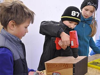 Der Reiterswiesener Obst- und Gartenbauverein will in Zukunft bei der Nachwuchswerbung verstärkt auf Eltern und Kinder setzen, so wie beim Bau eines Insektenhotels, bei dem Emil Michel, Kevin Weinberger und Laura Weinberger selbst Hand anlegen durften. Foto: Peter Klopf