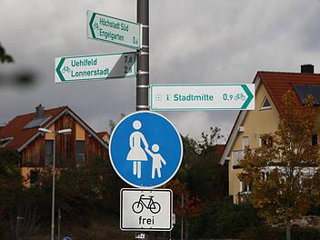 Neuerdings können sich Radfahrer im Aischgrund an Wegweisern orientieren. Teils mussten sie sehr hoch angebracht werden, da bereits andere Verkehrsschilder hingen. Foto: Christian Bauriedel