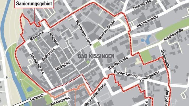 Sanierungsgebiete und  kommunales Fördergebiet in Bad Kissingen. Grafik: Klaus Heim