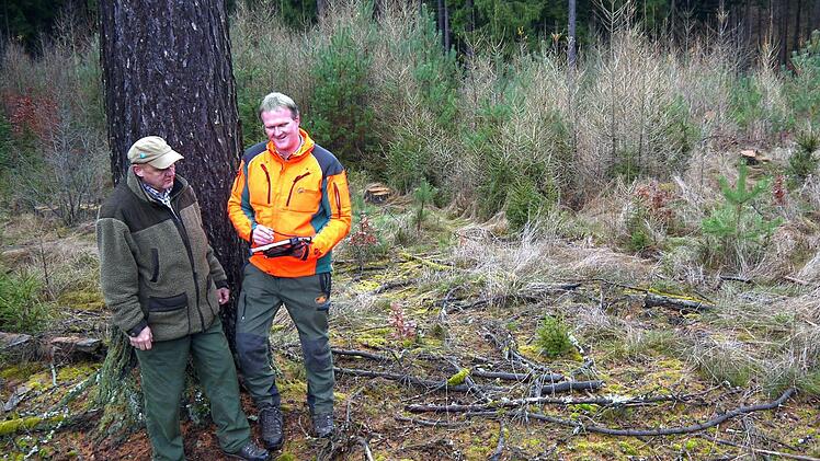 Forstbetriebsleiter Albert Schrenker (links) und Nobert Seitz müssen nicht lange suchen, bis sie ihre schönen Lärchen im Forstrevier Mönchröden finden: Im Outdoor-Tablet sind die Positionsdaten gespeichert. Im Hintergrund wächst derweil schon der Lärchen-Nachwuchs. Foto: Berthold Köhler