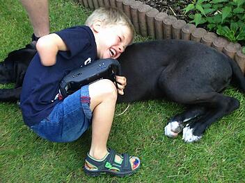 Luca spielt mit dem Hund von Bekannten. Doch der Junge aus Trailsdorf wünscht sich nichts sehnlicher als einen eigenen Hund.  Foto: Michaela Geisel
