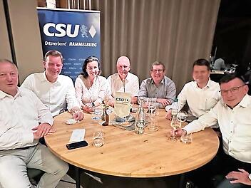 Das Bild zeigt (von links) Landrat Thomas Bold, Bezirksrat Martin Wende, MdB Dorothee Bär, Ortsvorsitzender Detlef Heim, MdEP Stefan Köhler, Staatssekretär Sandro Kirchner, 1. Bürgermeister Armin Warmuth.