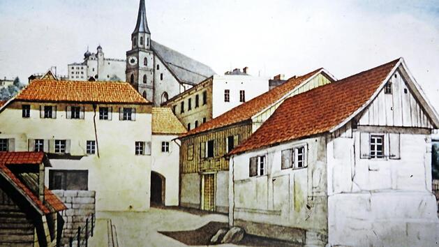 Ein Aquarellbild zeigt, wie es um 1870 rund um das wahrscheinliche Kulmbacher Kastenamt im Kirchwehr aussah. Fotos und Repros: Erich Olbrich