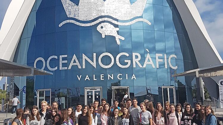 Die Schüler vom Haßfurter Gymnasium zusammen mit ihren spanischen Gastgebern vor dem Gebäude der Partnerschule "I.E.S Gregori Maians" in Oliva bei Valencia. Sogar der Schulleiter Max Bauer ließ es sich nicht nehmen, die Gruppe für ein paar Tage zu begleiten.  Foto: pr