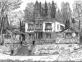 Die Spindler'sche Villa war ein imposanter Bau (Zeichnung von Kurt Kreß). Die Villa wurde im Jahr 1973 abgerissen. Der Stadt als Besitzerin war eine Sanierung zu teuer. Foto: Archiv