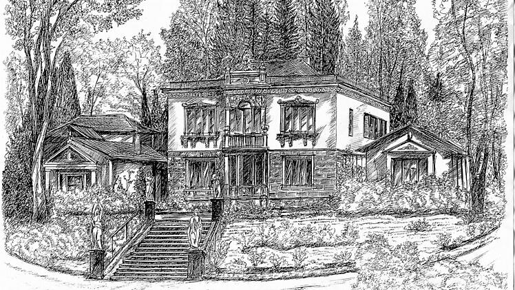 Die Spindler'sche Villa war ein imposanter Bau (Zeichnung von Kurt Kreß). Die Villa wurde im Jahr 1973 abgerissen. Der Stadt als Besitzerin war eine Sanierung zu teuer. Foto: Archiv