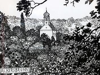 Ein "typisch" fr&auml;nkisches Motiv, das Kurt Neubauer in diesem Jahr entdeckte, und mit Tusche zeichnerisch festhielt - Walkersbrunn von einer seiner sch&ouml;nsten Seiten! .  Repro: Alexandra Kraus