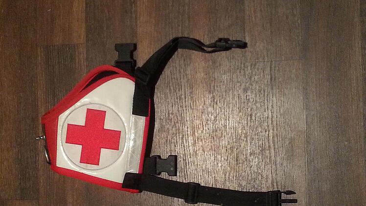 Rettungshunde tragen einen roten sattelähnlichen Umhang mit einem Kreuz als Erkennungszeichen.