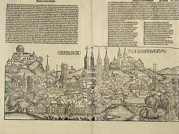 Zeitgenössische Ansicht Bambergs aus der Schedel'schen Weltchronik von 1493 Fotos: Staatsbibliothek Bamberg/Gerald Raab