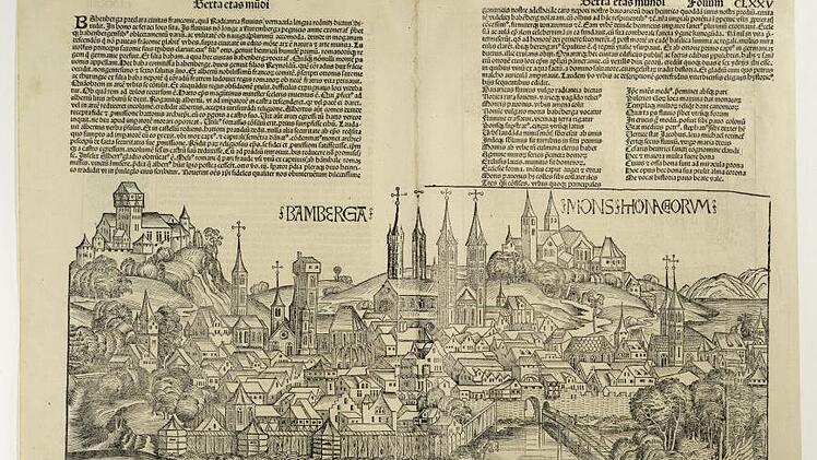 Zeitgenössische Ansicht Bambergs aus der Schedel'schen Weltchronik von 1493 Fotos: Staatsbibliothek Bamberg/Gerald Raab