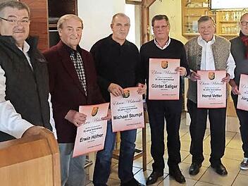 Die Geehrten des VfR Johannisthal (v. r.): Jürgen Bauer, Horst Vetter, Günter Saliger, Michael Stumpf und Erwin Höfner - links Vorsitzender Werner Schneider Foto: privat