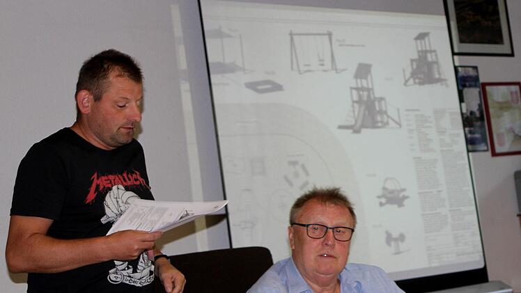 MGR Mathias Sperber (links) bei der Vorstellung der Auswahl der Geräte für den Spielplatz in der Siedlung "Kappelleite II" (links) und Erster Bürgermeister Willi Sendelbeck. Foto: Günther Geiling