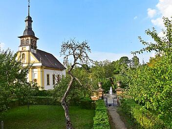 Sowohl die Planungen für die Aufwertung der Park- und Gartenanlagen (im Vordergrund) des Schlosses Oberschwappach als auch die Renovierung der St. Barbara Kirche standen im Mittelpunkt der Bürgerversammlung in Oberschwappach.  Foto: Christiane Reuther
