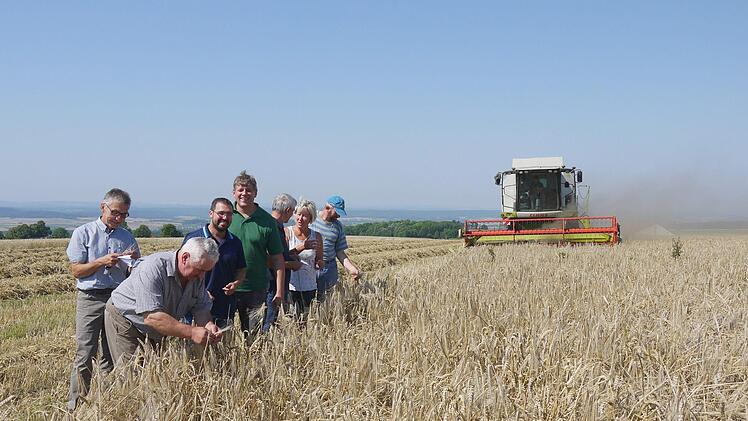 Na, das schaut doch nicht schlecht aus: Anton Weig, Heinz Bräutigam, Martin Bräutigam, Martin Flohrschütz, Hans Rebelein, Heidi Bauersachs und Josef Duffek (von links) sind ganz zufrieden mit dem, wie sich heuer die Wintergerste auf den Langen Bergen entwickelt hat. Foto: Berthold Köhler