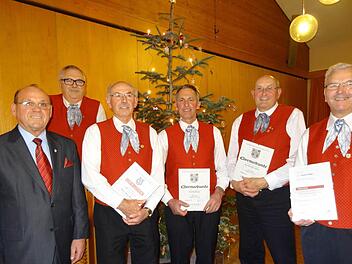 Langjährige aktive Sänger zeichneten der Vorsitzende des Sängergruppe Kitzingen, Kurt Lamparter, und der Vorsitzende des Sängervereins Albertshofen, Klaus Richter, aus.  Foto: Elli Stühler