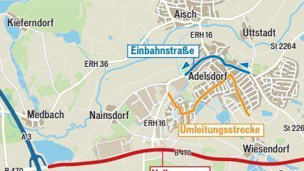 In Adelsdorf gilt eine Einbahnregelung mit Umleitung.  Skizze: Klaus Heim