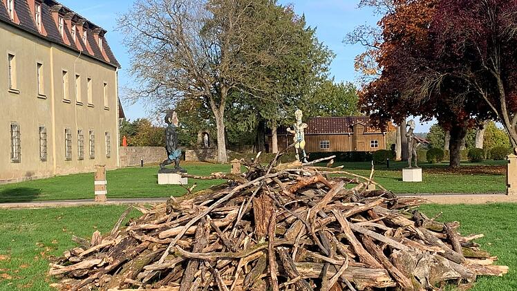 Kunst trifft Kunst: "Lebendiges Totholz" von Herman de Vries vor dem Haus Nivard. Im Hintergrund sind Skulpturen von Markus Lüpertz zu sehen. Foto: Thomas Malz