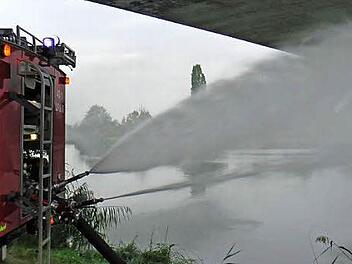 Mit Wasserfontänen belüfteten die Feuerwehren am Montagabend den Knetzgauer Wörthsee. Das Gewässer war umgekippt.  Foto: Christian Licha