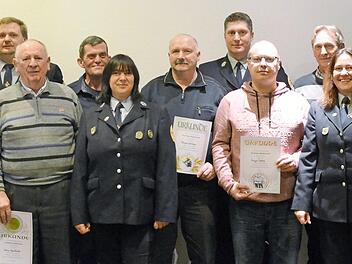 Zahlreiche Ehrungen im aktiven und passiven Bereich wurden bei der Feuerwehr Wallenfels durchgeführt. Von links: Kreisbrandmeister Hans Stumpf, Nadine Weiß (20 Jahre aktiv), Sebastian Maier (20 Jahre aktiv), Hans Querfurth (60 Jahre), Werner Herrmann (40), Daniela Weiß, Bruno Krinke (50), Markus Zeuß (25), Ingo Betz (25), Helmut Behrschmidt (40), Vorsitzende Carolin Wicklein und KBI Hans-Ulrich Müller  Foto: sd