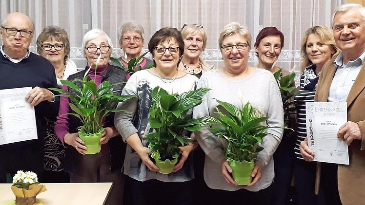 Ehrung langjähriger Mitglieder mit der silbernen Ehrennadel (von links): Georg Ditterich, 2. Vorsitzende Karola Rettmann, Doris Schuberth, Erni Klarmann, Rosi Hornung, Teresia Popp, Barbara Seelmann, Ingrid Vetten, Vorsitzende Conny Müller und Erich Rettmann  Foto: Alfred Thieret
