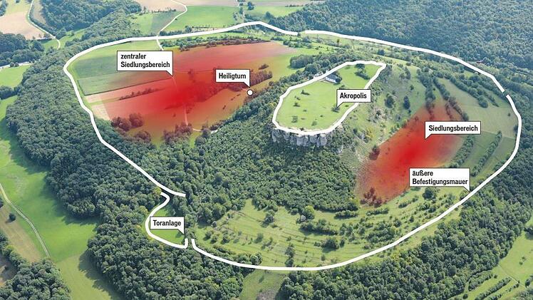 In diesen Ausmaßen wird sich laut dem Archäologen Markus Schußmann die keltische Stadt Menosgada vor mehr als  2000 Jahren auf dem Staffelberg etwa erstreckt haben. Foto: Ronald Rinklef/Grafik: Michael Haller