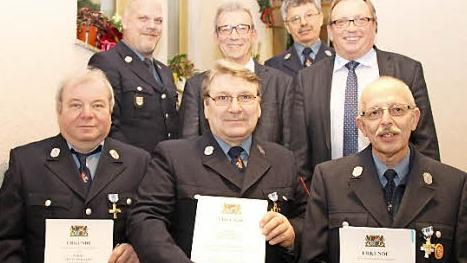 Die Geehrten (vorne, von links) Erwin Erhardt, Walter Denk und Thomas Pöhner mit (dahinter, von links) dem Kommandanten Gerd Hacker, Drittem Bürgermeister Reinhold Förtsch, Vorsitzendem Herbert Münch und stellvertretendem Landrat Dieter Schaar Foto: privat