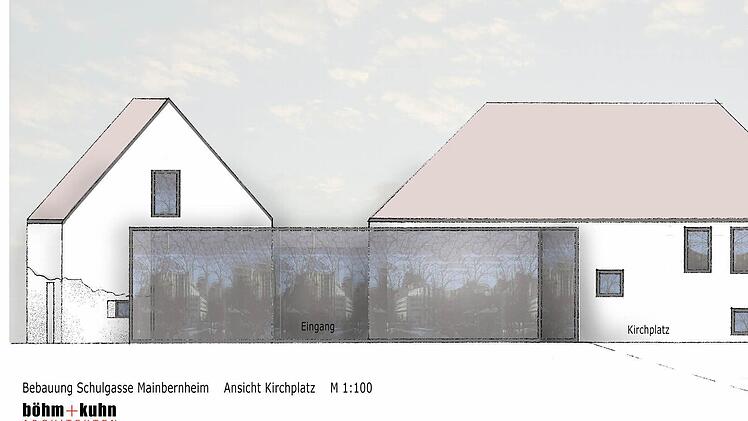 Ansicht der Radlerherberge vom Kirchplatz aus. Grafik: Böhm + Kuhn Architekten