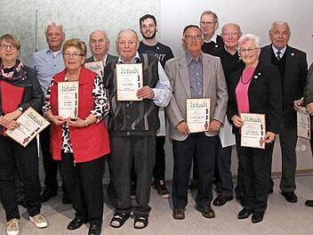 Michael Persang (3. v. l.) zeichnete die langjährigen Mitglieder aus. Foto: Richard Sänger